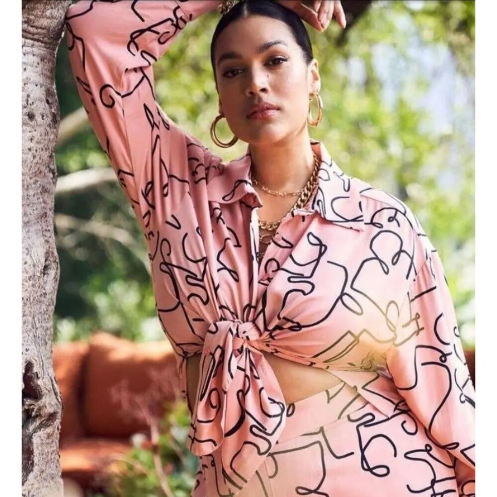 Eloquii Pink Button Down Top Long Sleeve Shirt Abstract Squiggle Print Plus 22